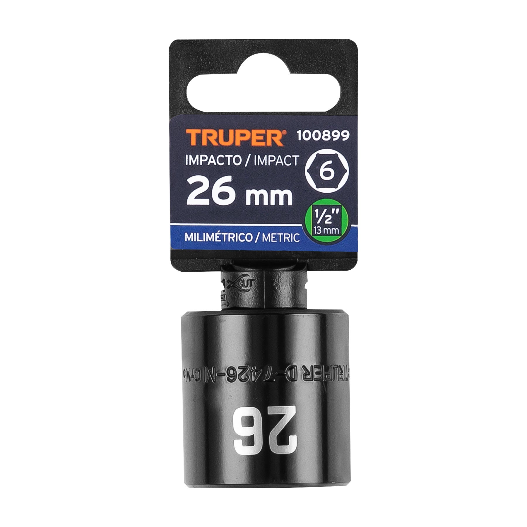 Dado de impacto de 26 mm, 6 puntas, cuadro 1/2", Truper