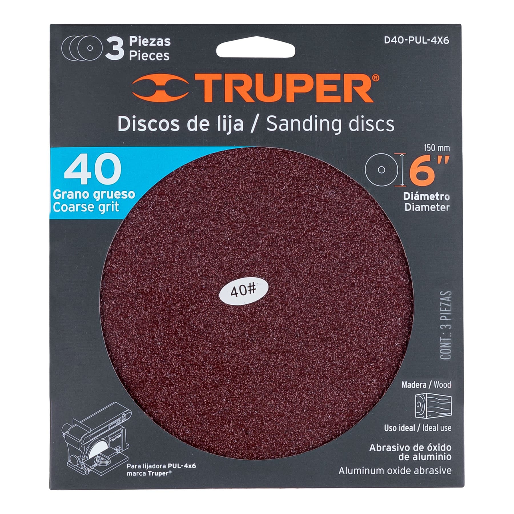 Paquete con 3 discos de lija 6" grano 40, para PUL-4X6T