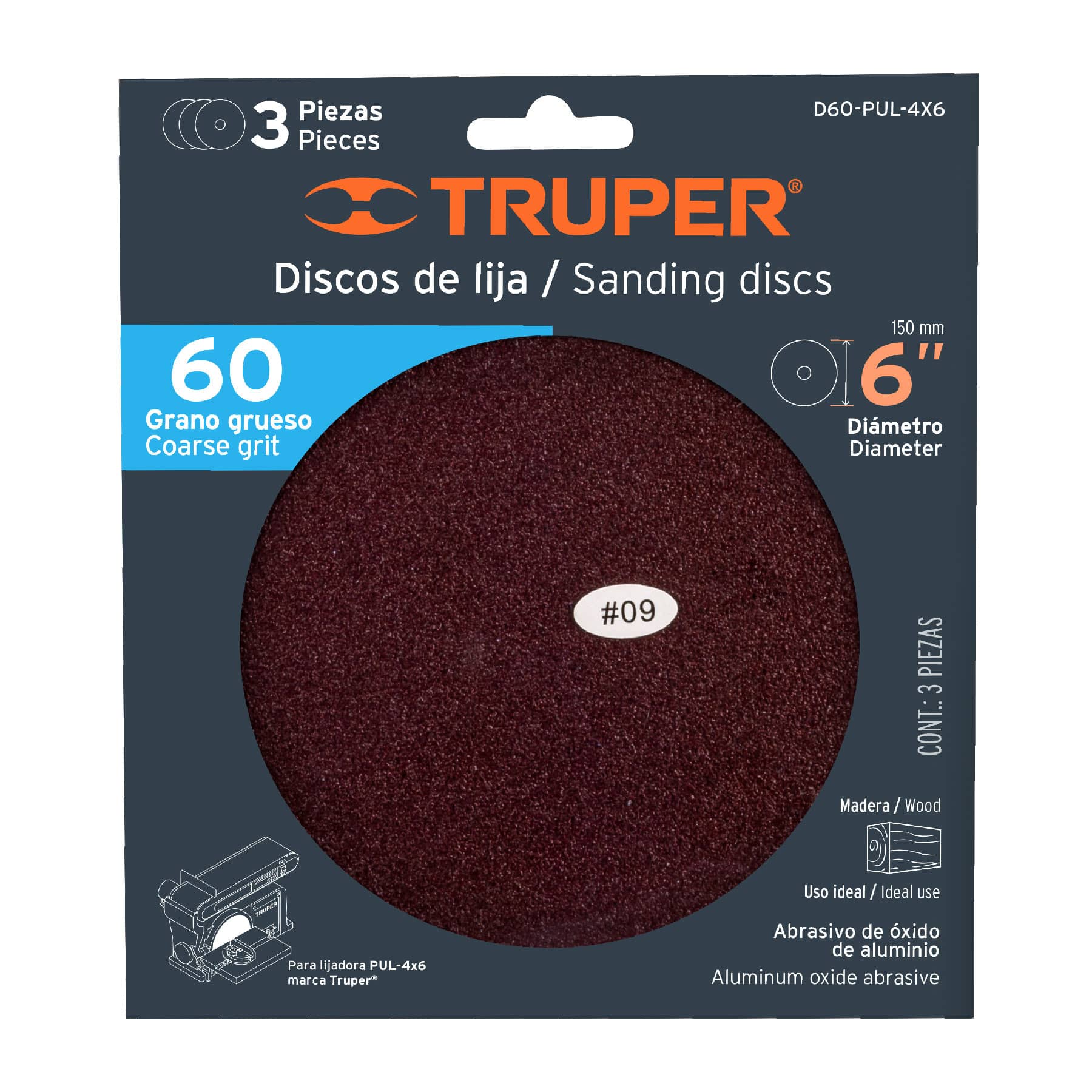 Paquete con 3 discos de lija 6" grano 60, para PUL-4X6T