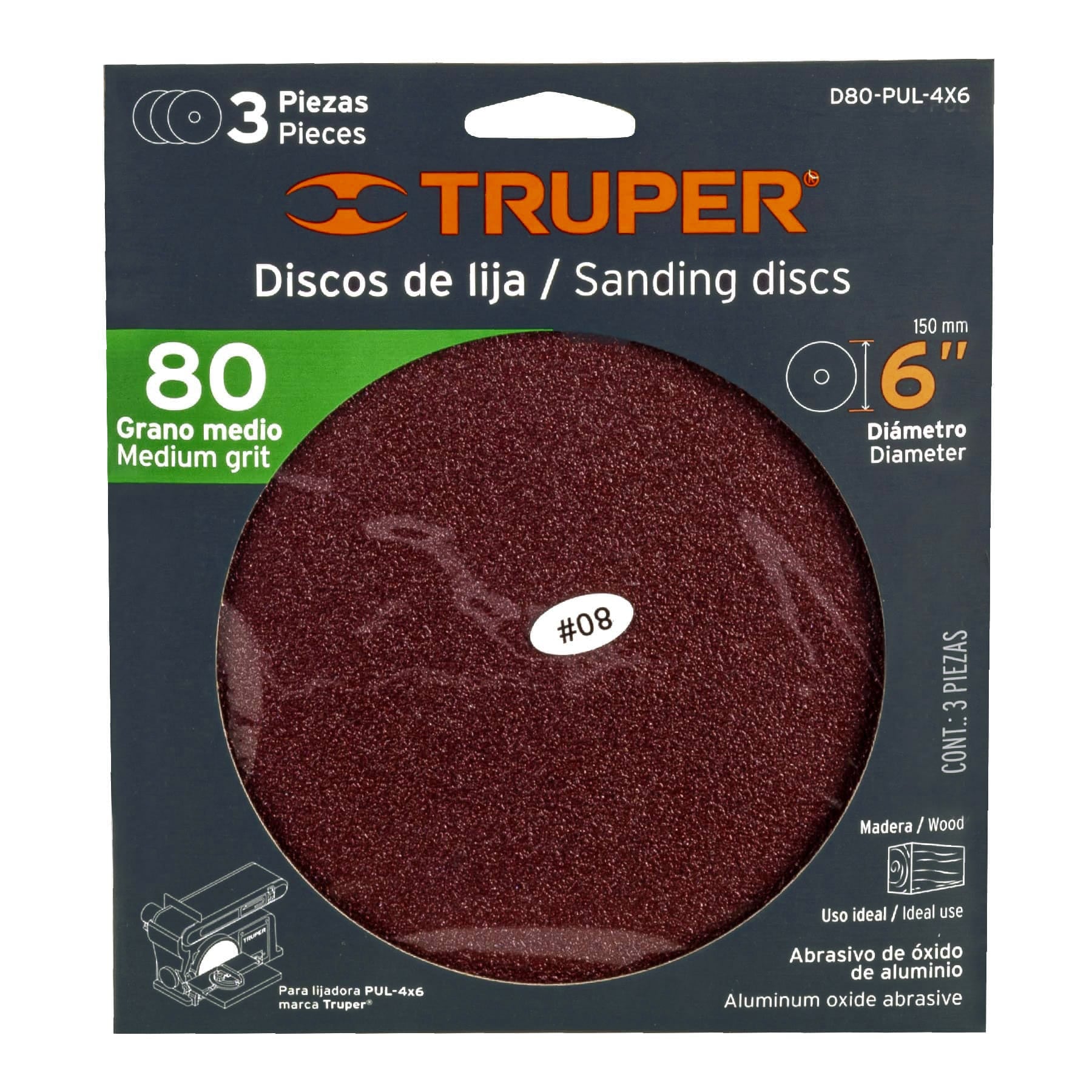 Paquete con 3 discos de lija 6" grano 80 para, PUL-4X6T