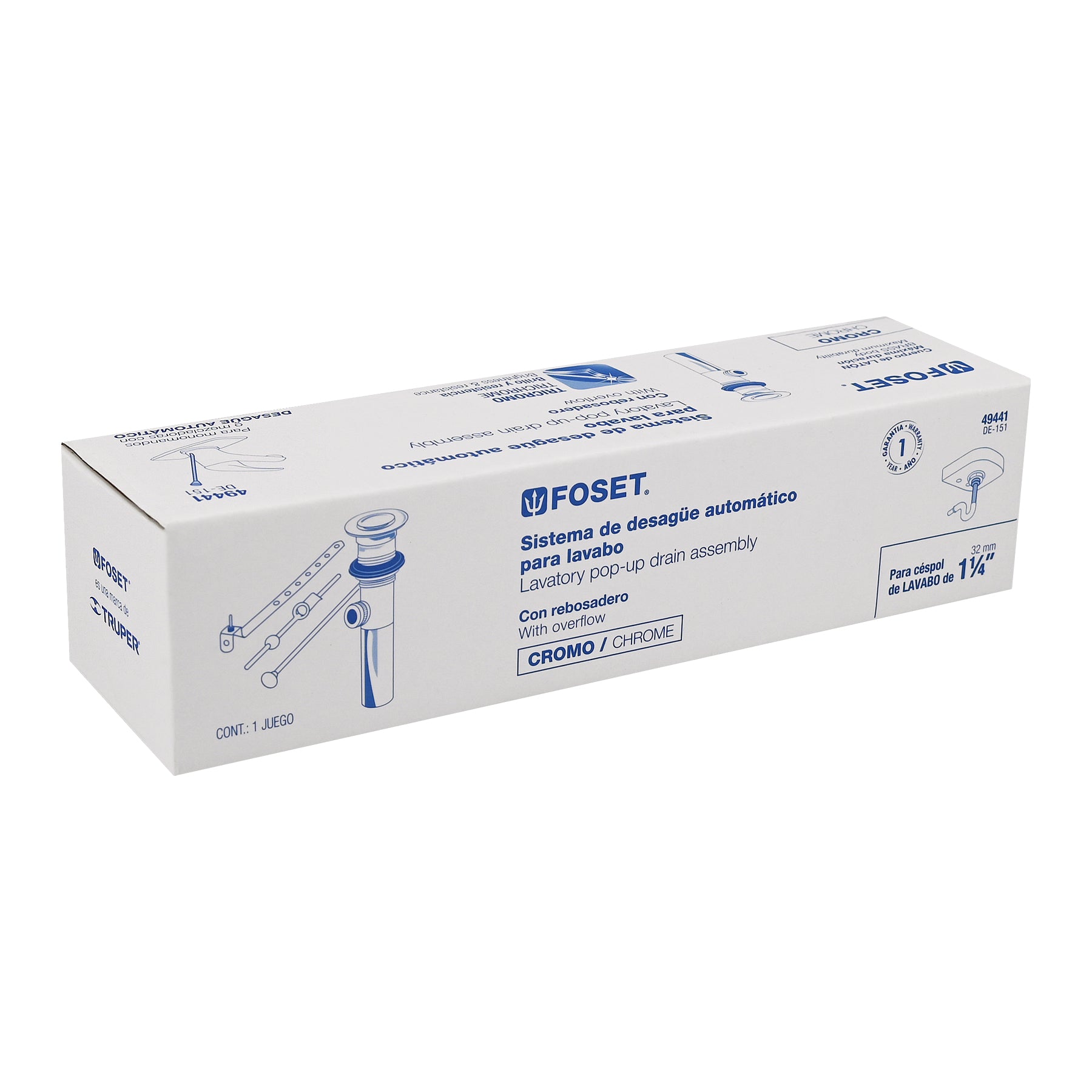 Contra para lavabo con rebosadero y sist automático, cromo, 1-1/4
