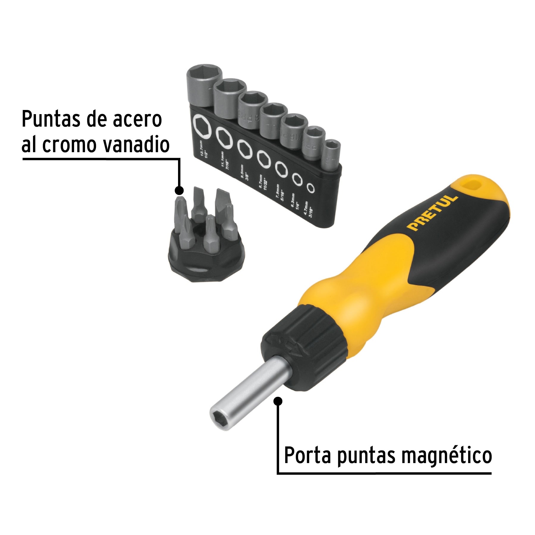 Desarmador tipo matraca con 6 puntas y 7 dados, Pretul