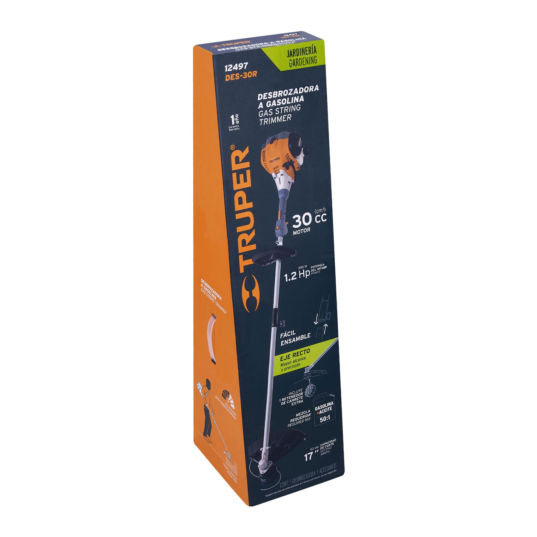 Desbrozadora a gasolina 30cc mango tipo "D", 17"corte, recta