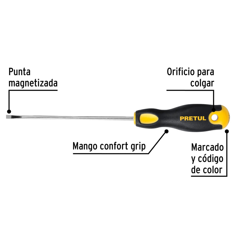 Desarmador cabinet 1/8 x 4" mango Comfort Grip,  Pretul