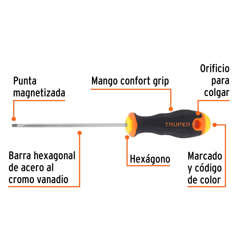 Desarmador cabinet 1/8" x 4" mango Comfort Grip,  Truper