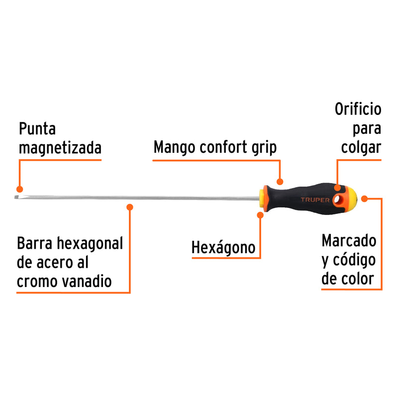 Desarmador cabinet 1/8" x 8" mango Comfort Grip,  Truper