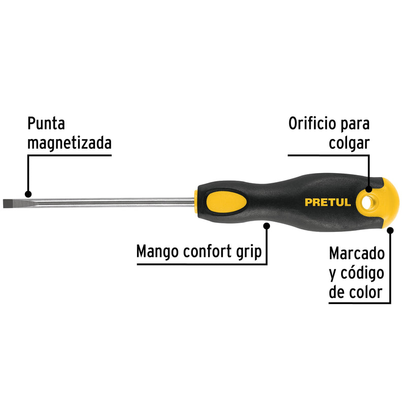 Desarmador cabinet 3/16 x 4" mango Comfort Grip,  Pretul