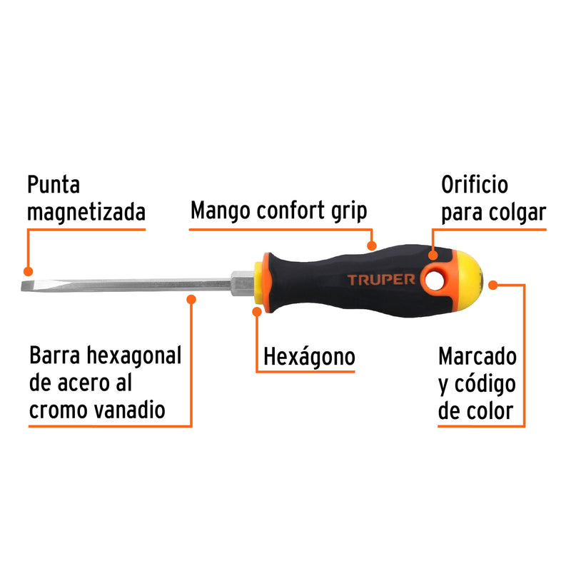 Desarmador cabinet 3/16" x 4" mango Comfort Grip,  Truper