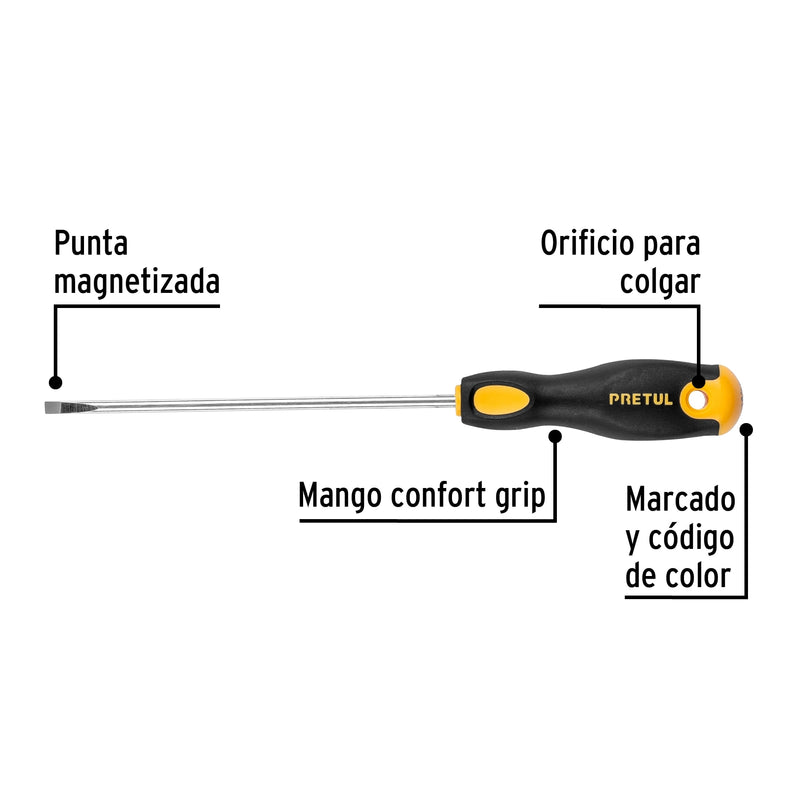 Desarmador cabinet 3/16 x 6" mango Comfort Grip,  Pretul