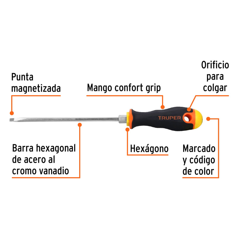 Desarmador cabinet 3/16" x 6" mango Comfort Grip,  Truper