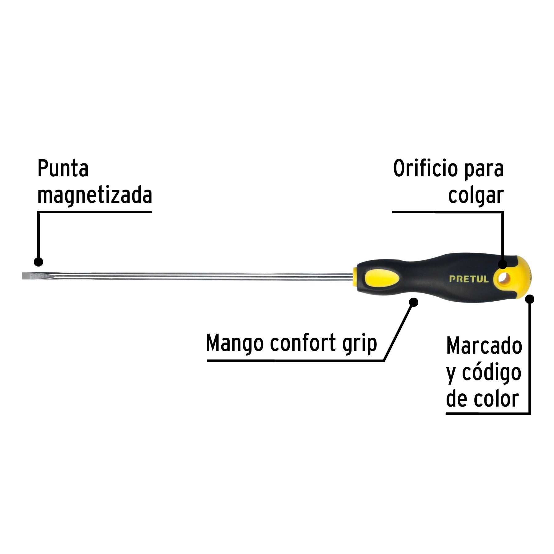 Desarmador cabinet 3/16 x 8" mango Comfort Grip, Pretul