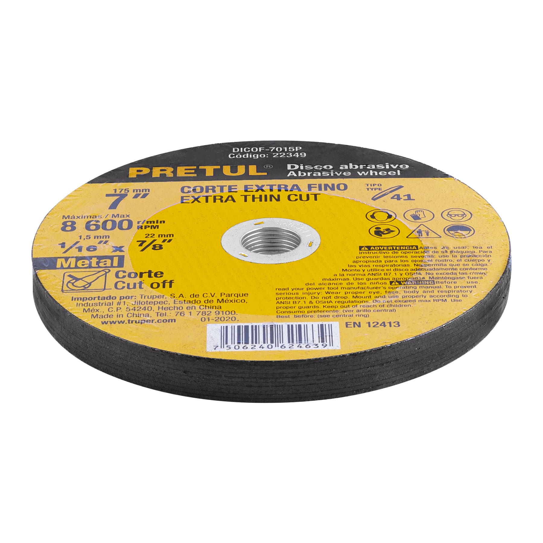 Disco Tipo 41 de 7" x 1.5 mm corte fino de metal, Pretul