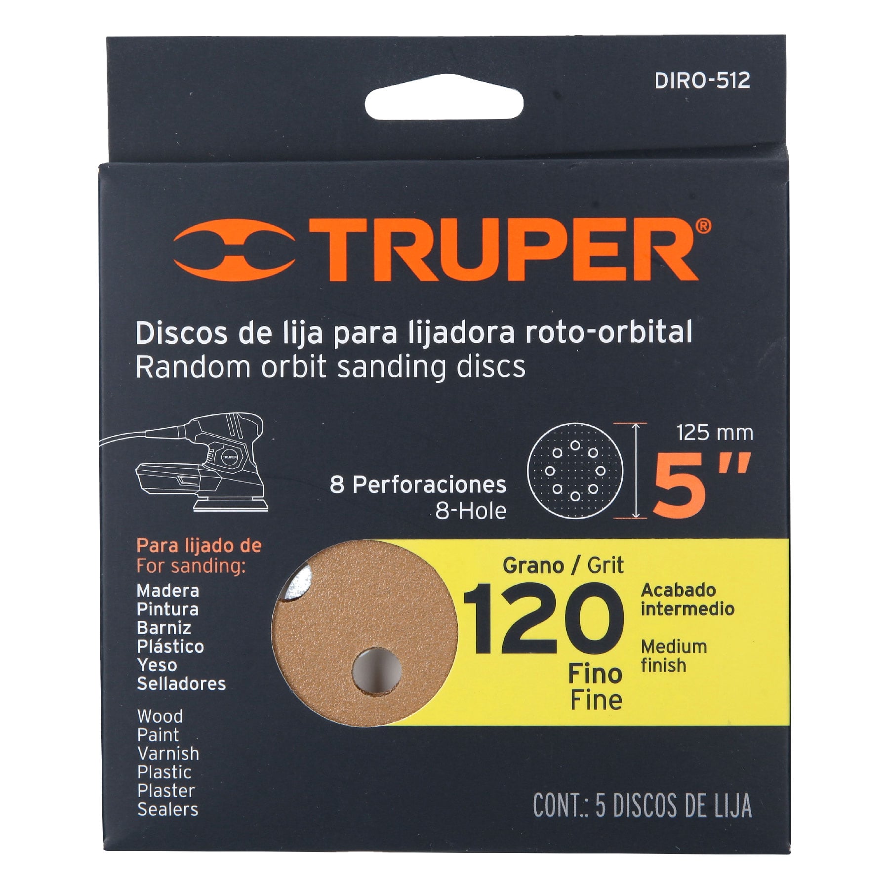 Paquete con 5 discos de lija 5" grano 120, 8 perforaciones