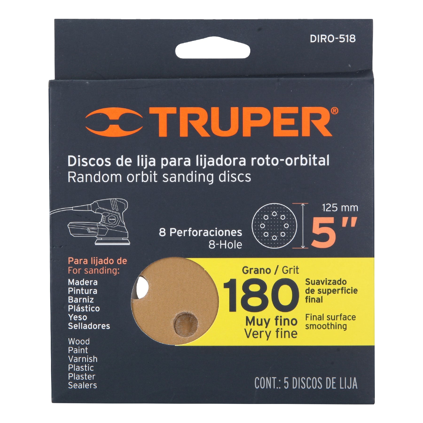 Paquete con 5 discos de lija 5" grano 180, 8 perforaciones