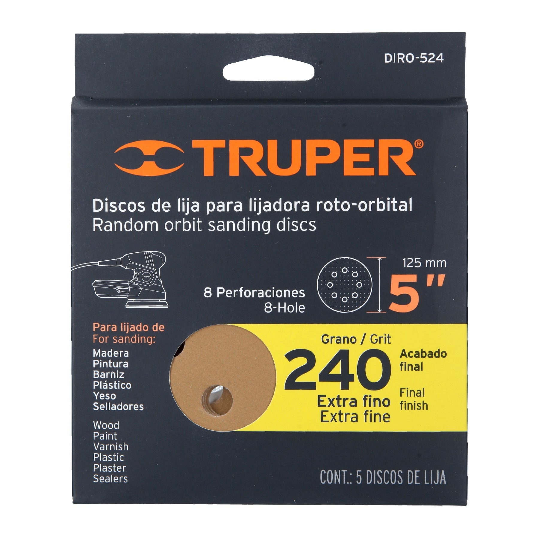 Paquete con 5 discos de lija 5" grano 240, 8 perforaciones