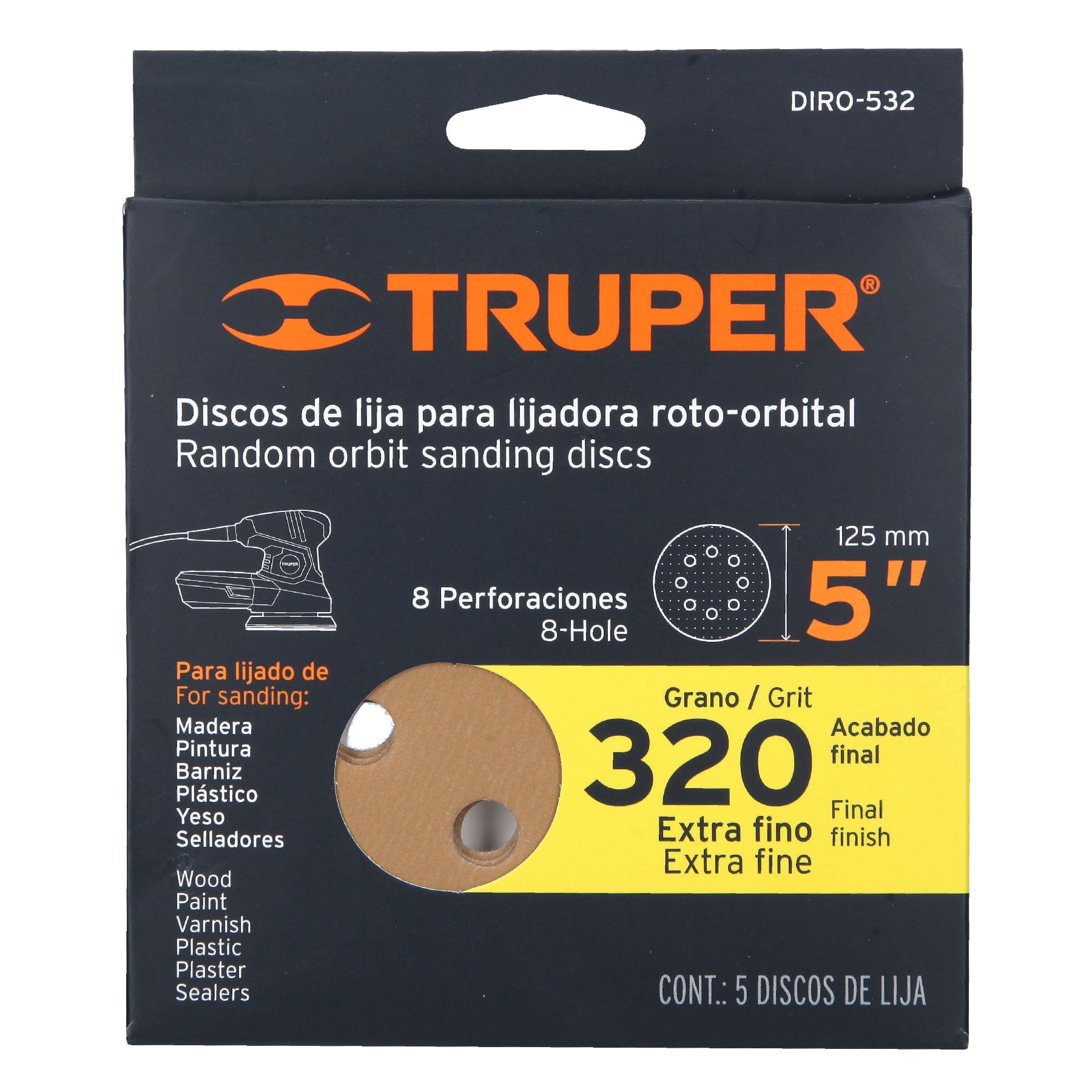 Paquete con 5 discos de lija 5" grano 320, 8 perforaciones