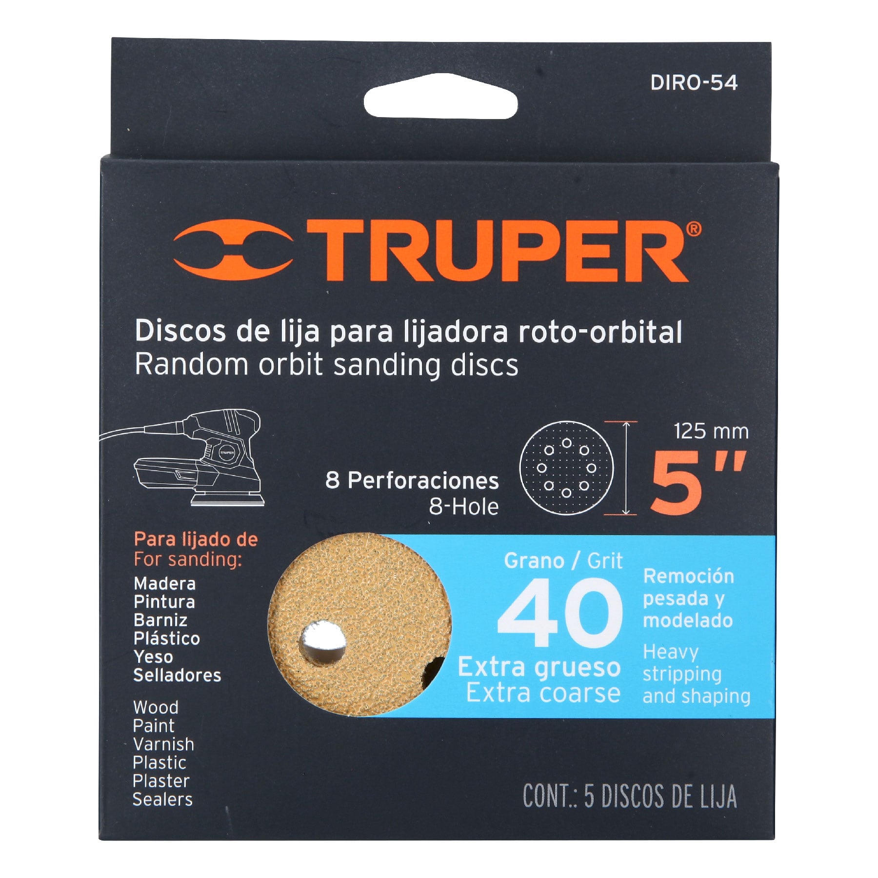 Paquete con 5 discos de lija 5" grano 40, 8 perforaciones
