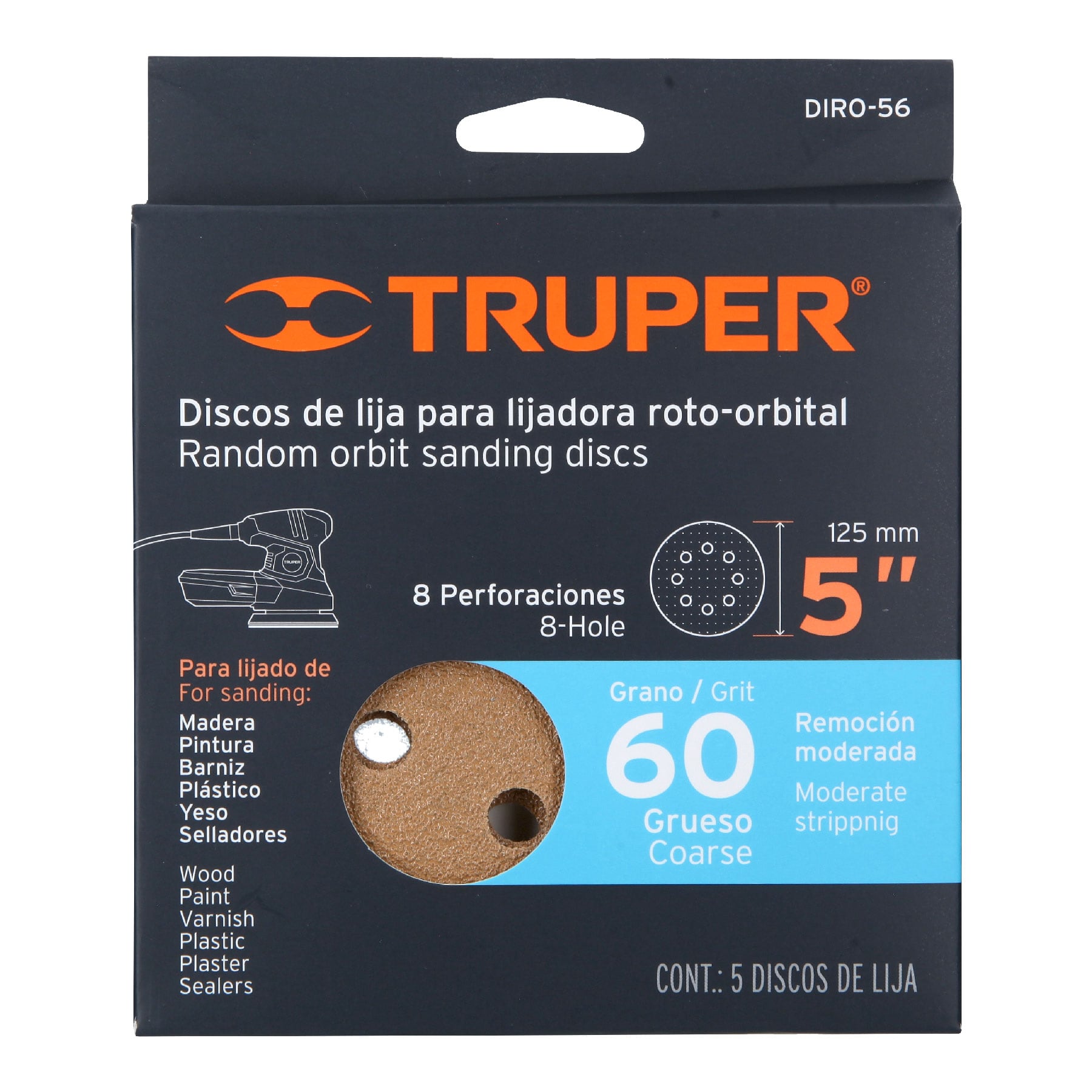 Paquete con 5 discos de lija 5" grano 60, 8 perforaciones