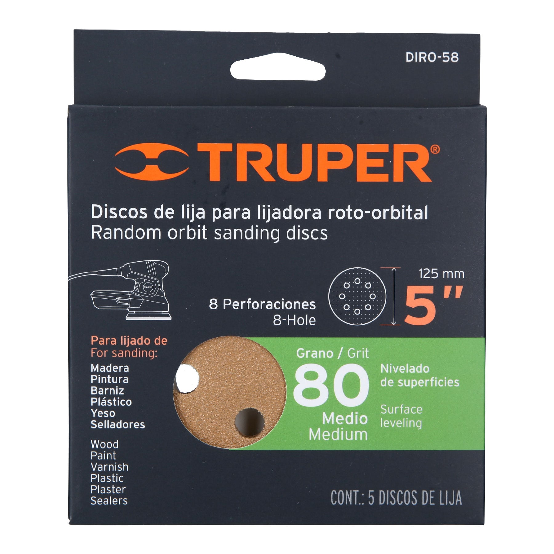 Paquete con 5 discos de lija 5" grano 80, 8 perforaciones