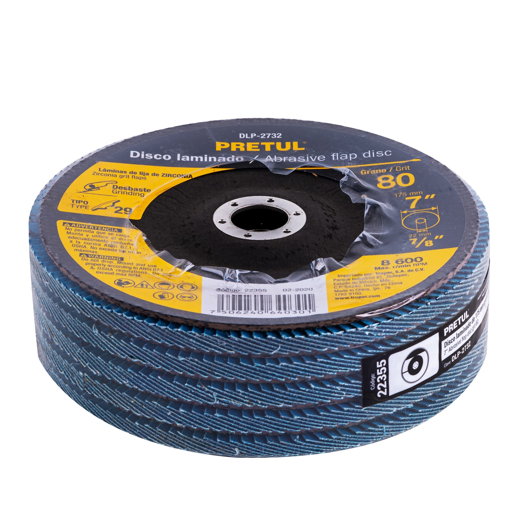 Disco laminado 7", grano 80 centro 7/8", fibra, Pretul