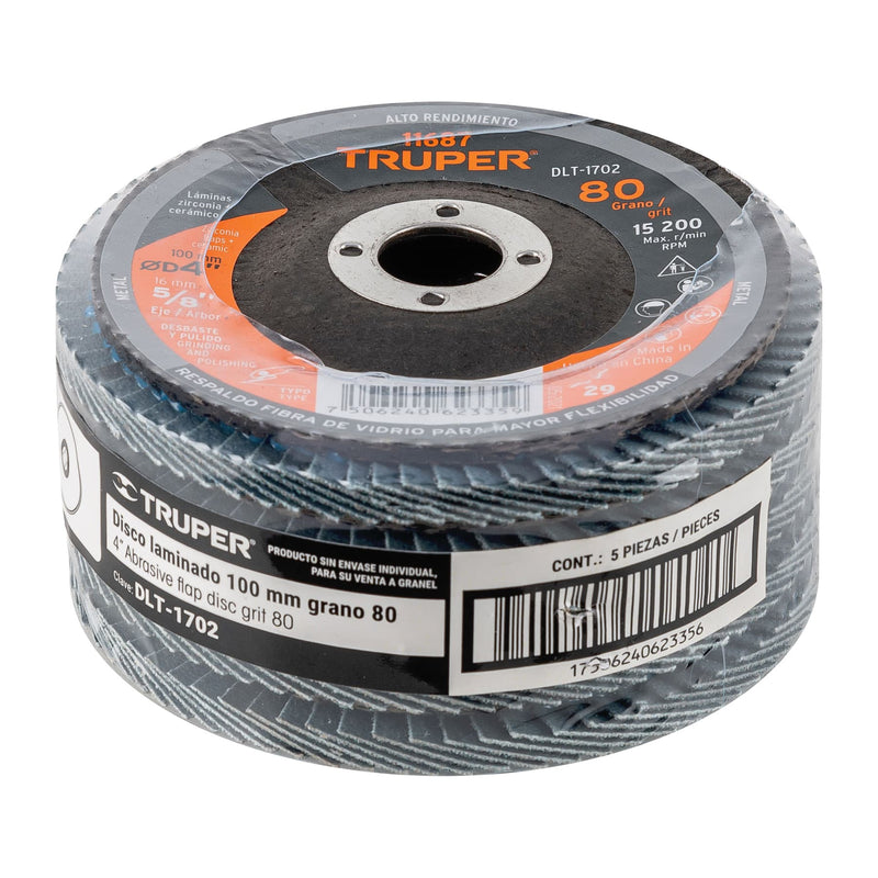 Disco laminado 4",  grano 80 centro 5/8",  Truper