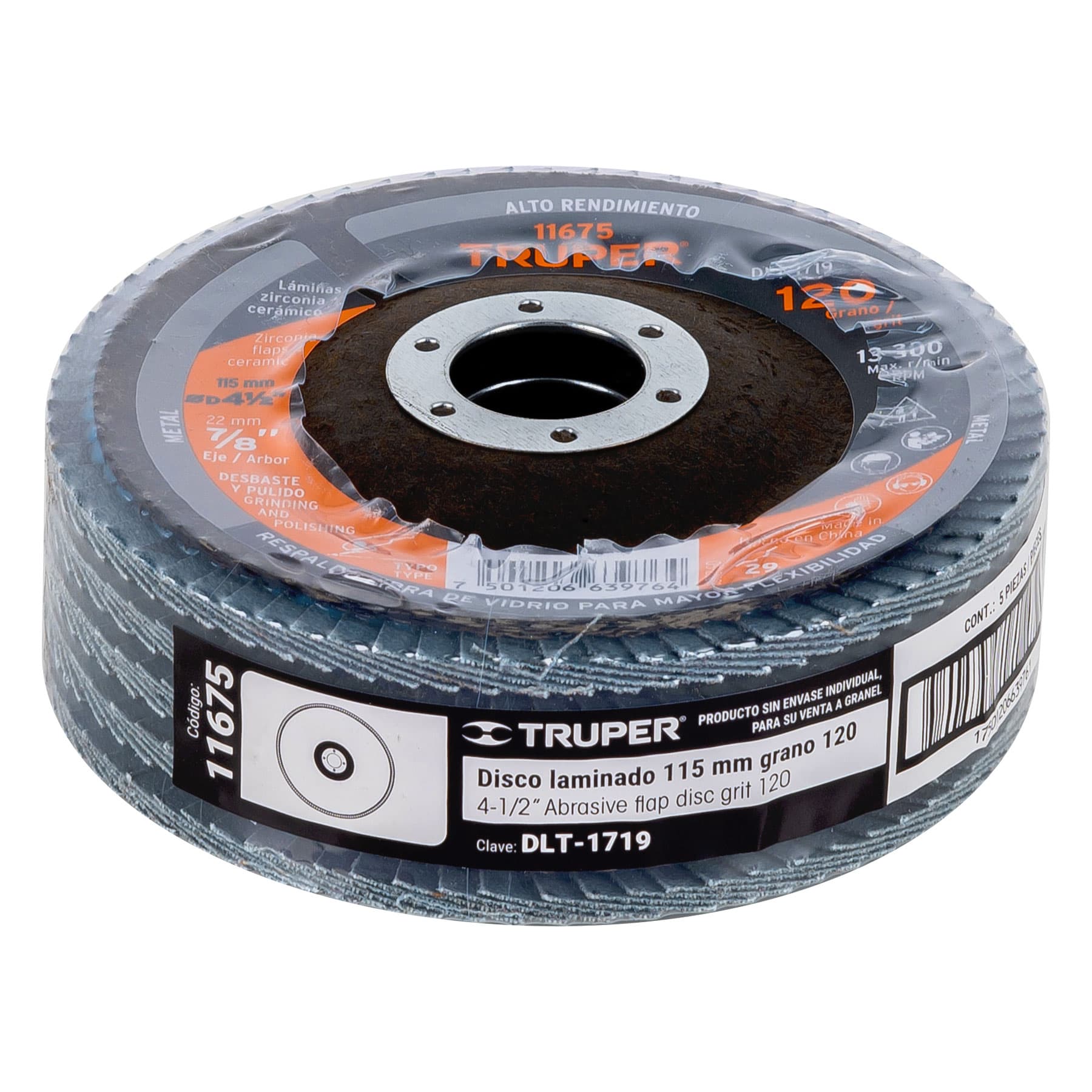 Disco laminado 4-1/2", grano 120 centro 7/8", fibra, Truper