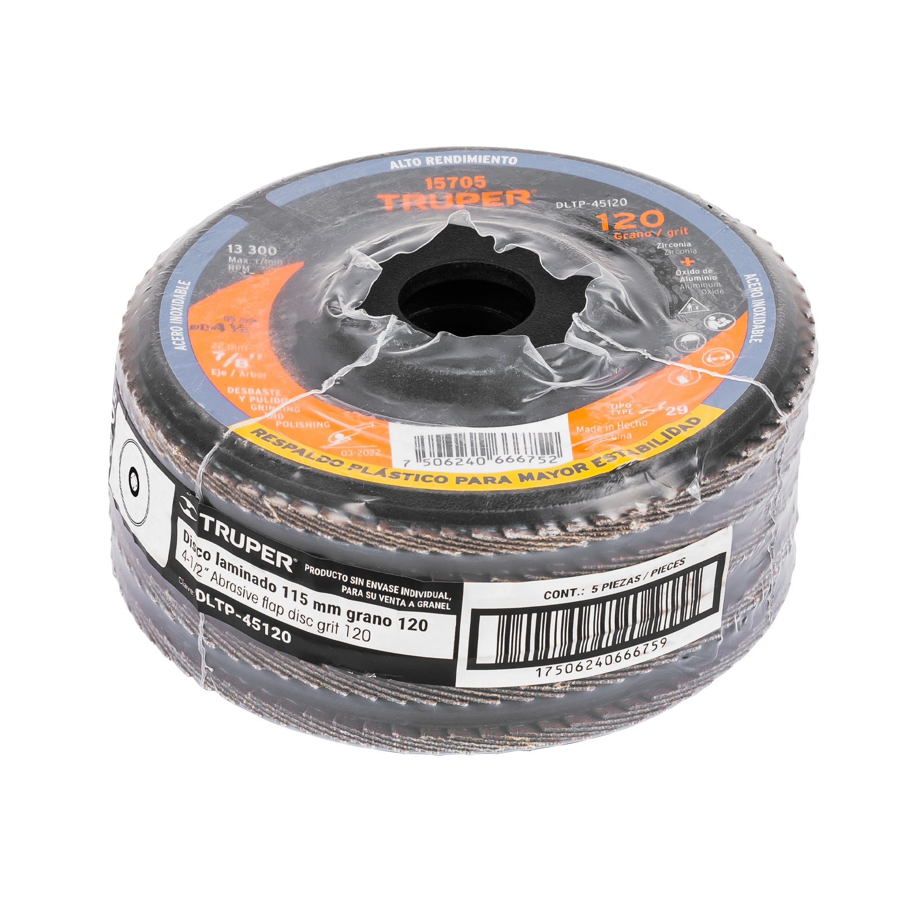 Disco laminado 4-1/2" grano 120 centro 7/8", plástico,Truper