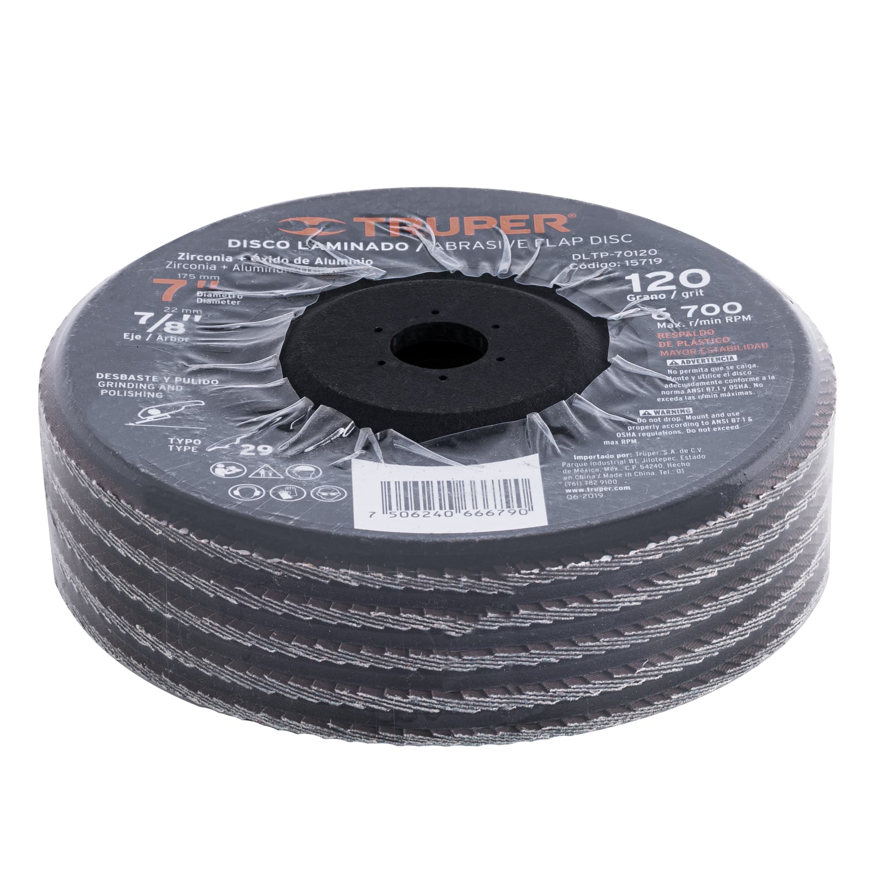 Disco laminado 7" grano 120 centro 7/8", plástico, Truper