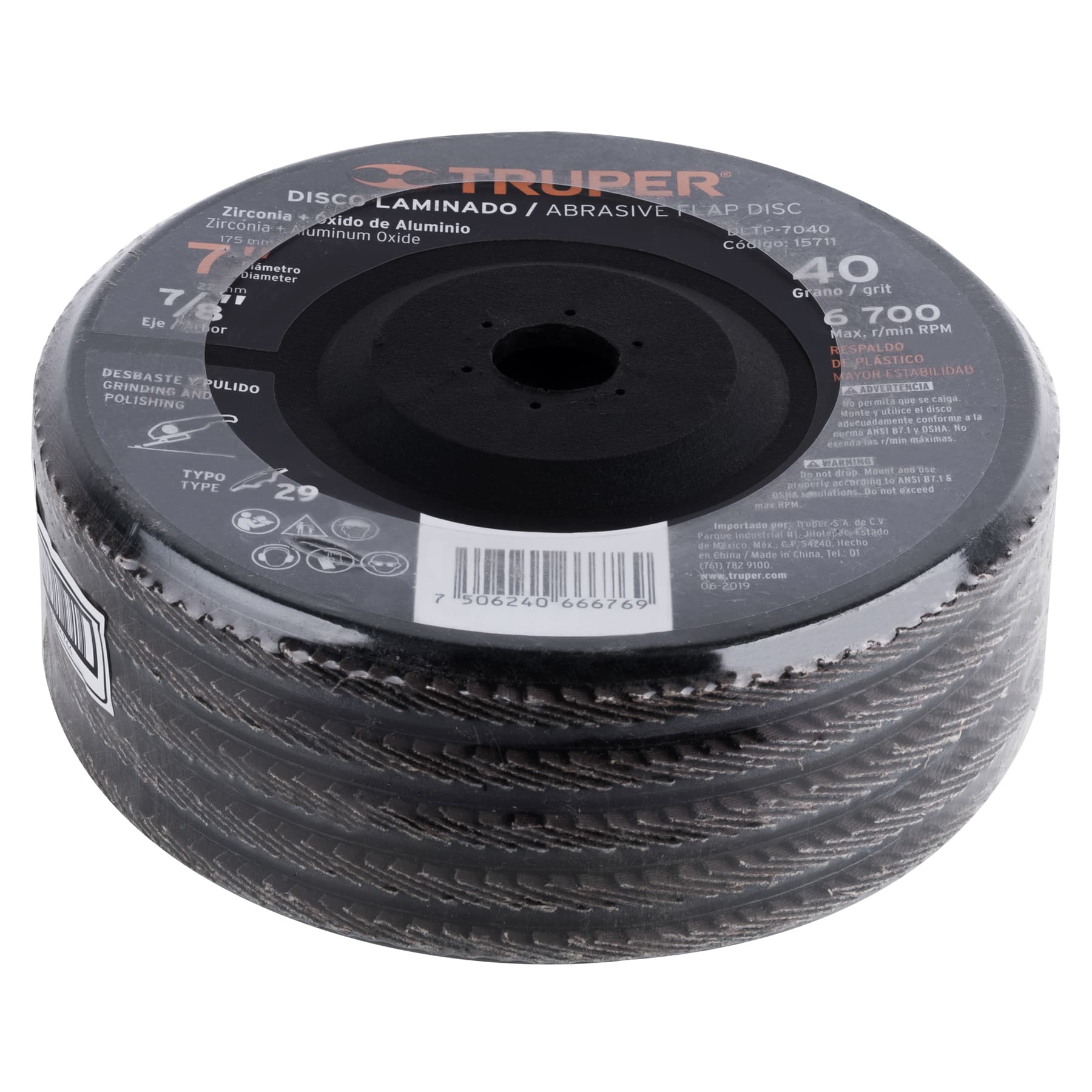 Disco laminado 7" grano 40 centro 7/8", plástico, Truper