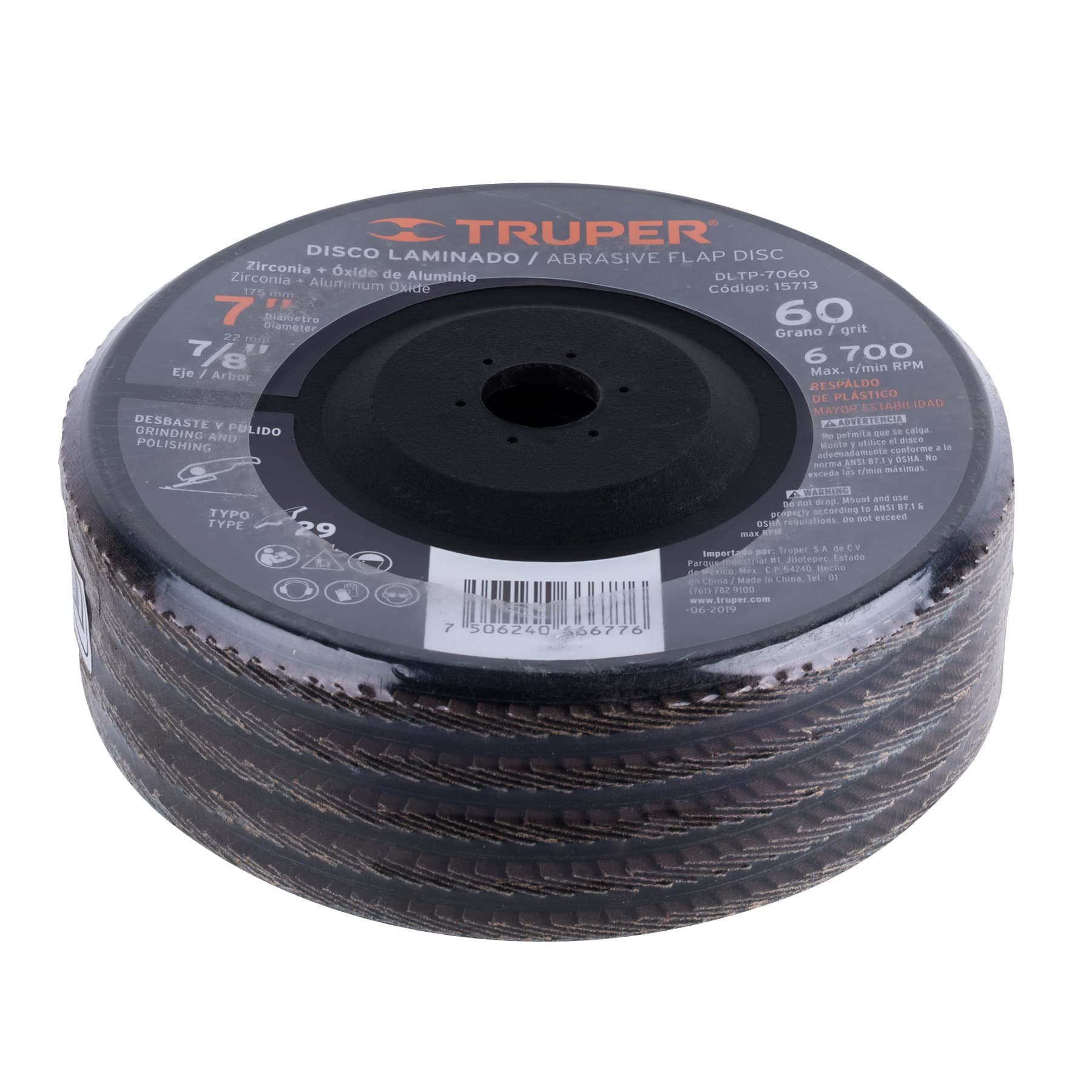 Disco laminado 7" grano 60 centro 7/8", plástico, Truper