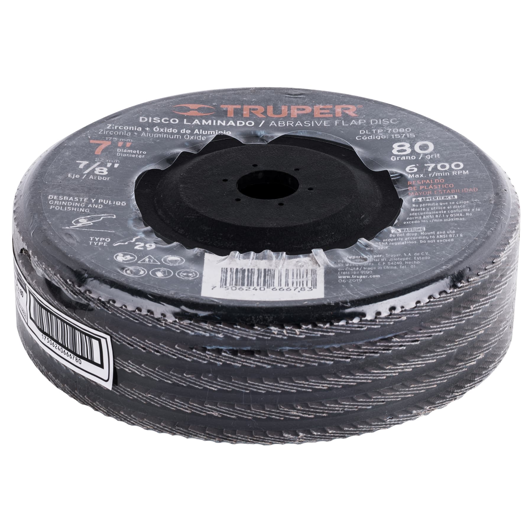 Disco laminado 7" grano 80 centro 7/8", plástico, Truper