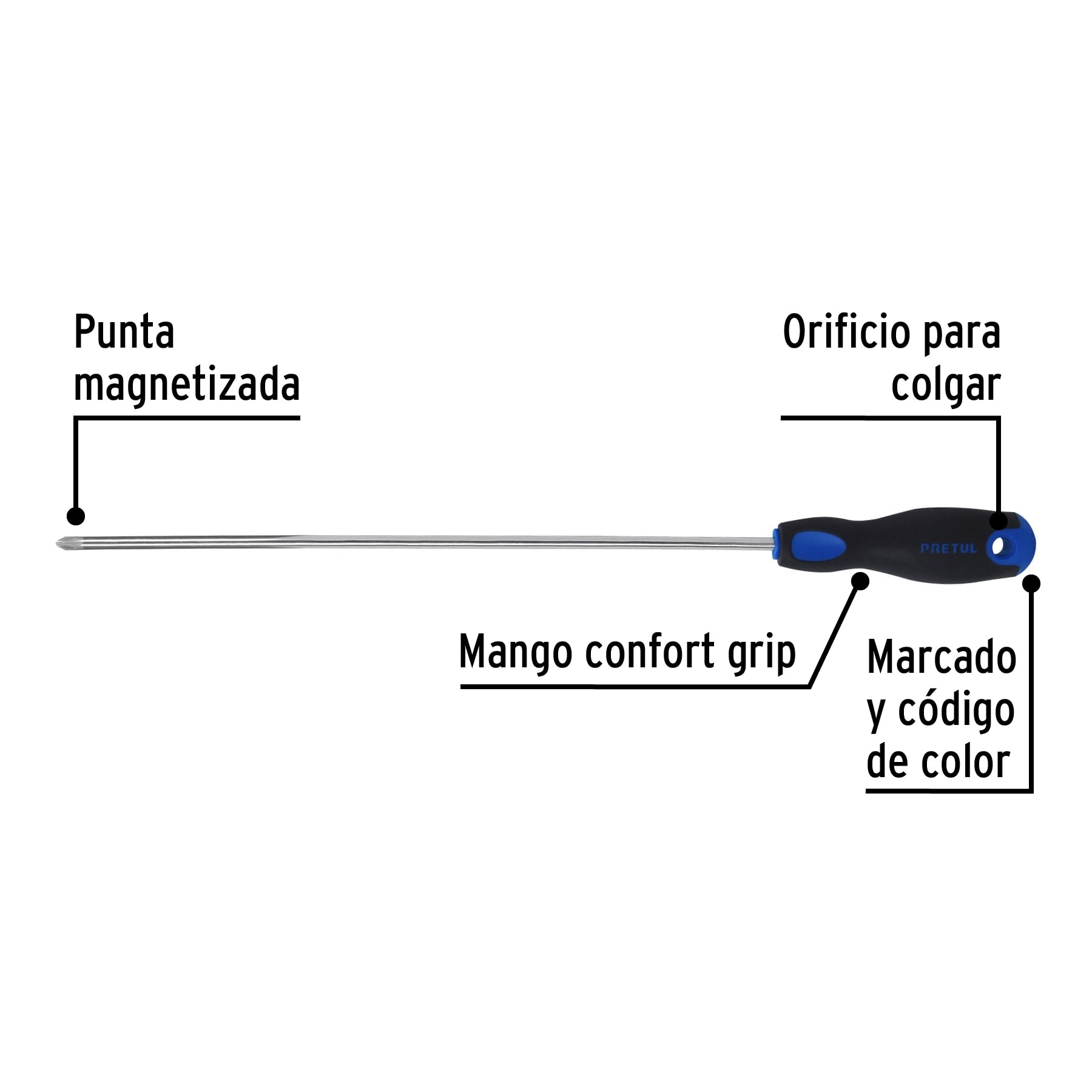 Desarmador de cruz 1/4" x 12" mango Comfort Grip, Pretul