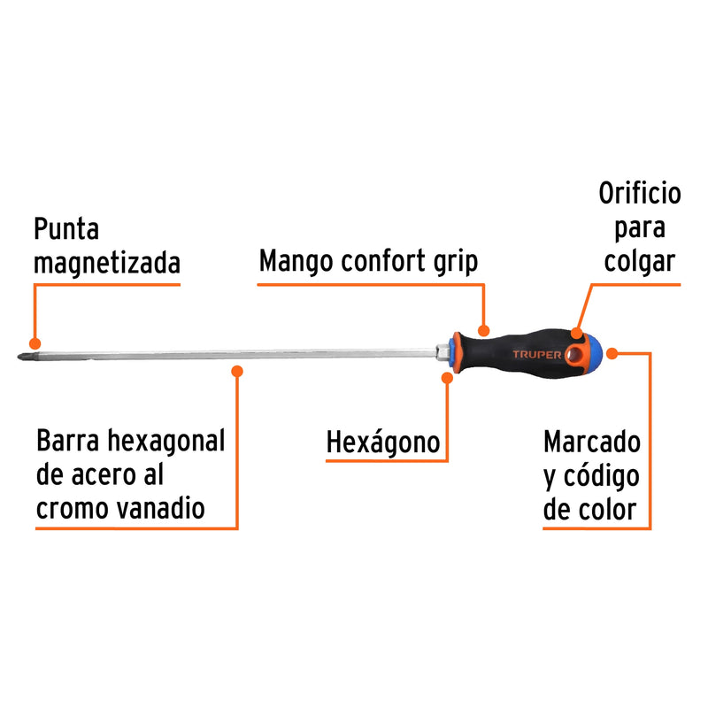 Desarmador de cruz 1/4" x 12" mango Comfort Grip,  Truper