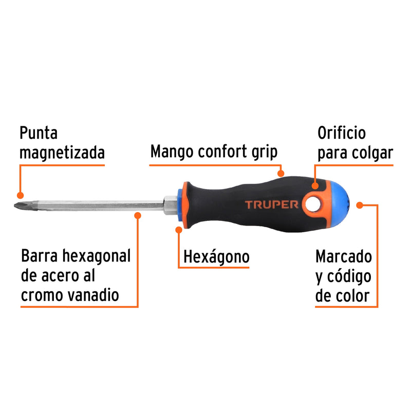 Desarmador de cruz 1/4" x 4" mango Comfort Grip,  Truper