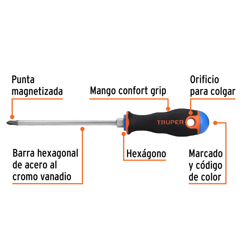 Desarmador de cruz 1/4" x 6" mango Comfort Grip,  Truper
