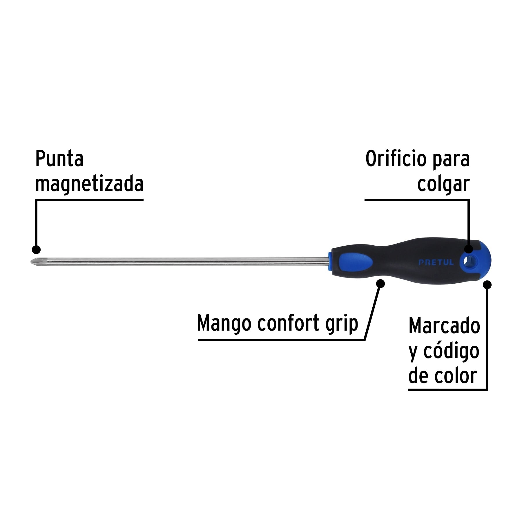 Desarmador de cruz 1/4" x 8" mango Comfort Grip, Pretul