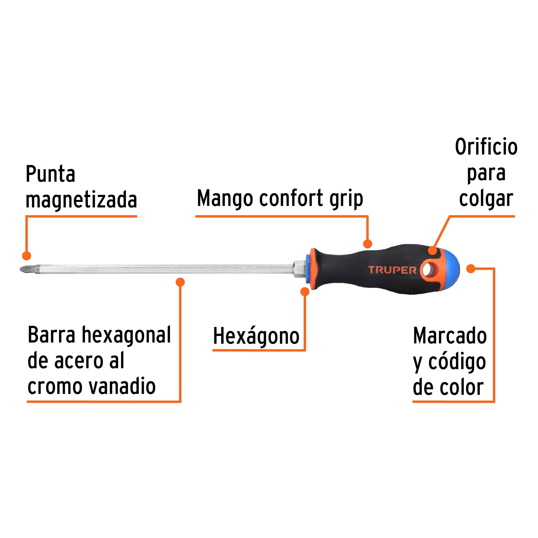 Desarmador de cruz 1/4" x 8" mango Comfort Grip, Truper