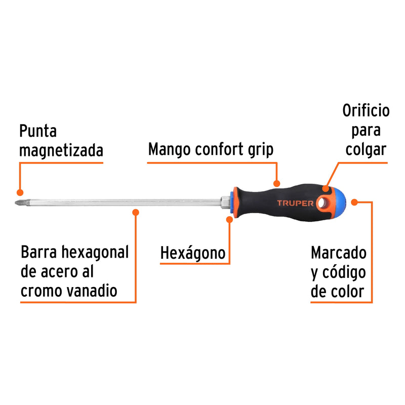 Desarmador de cruz 1/4" x 8" mango Comfort Grip,  Truper