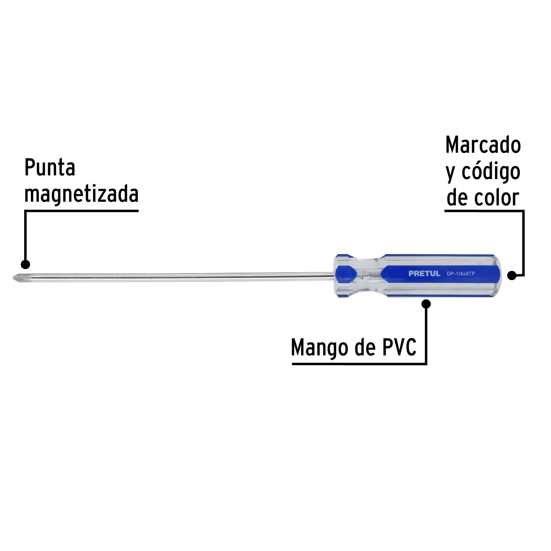 Desarmador de cruz 1/4 x 8" mango de PVC, Pretul