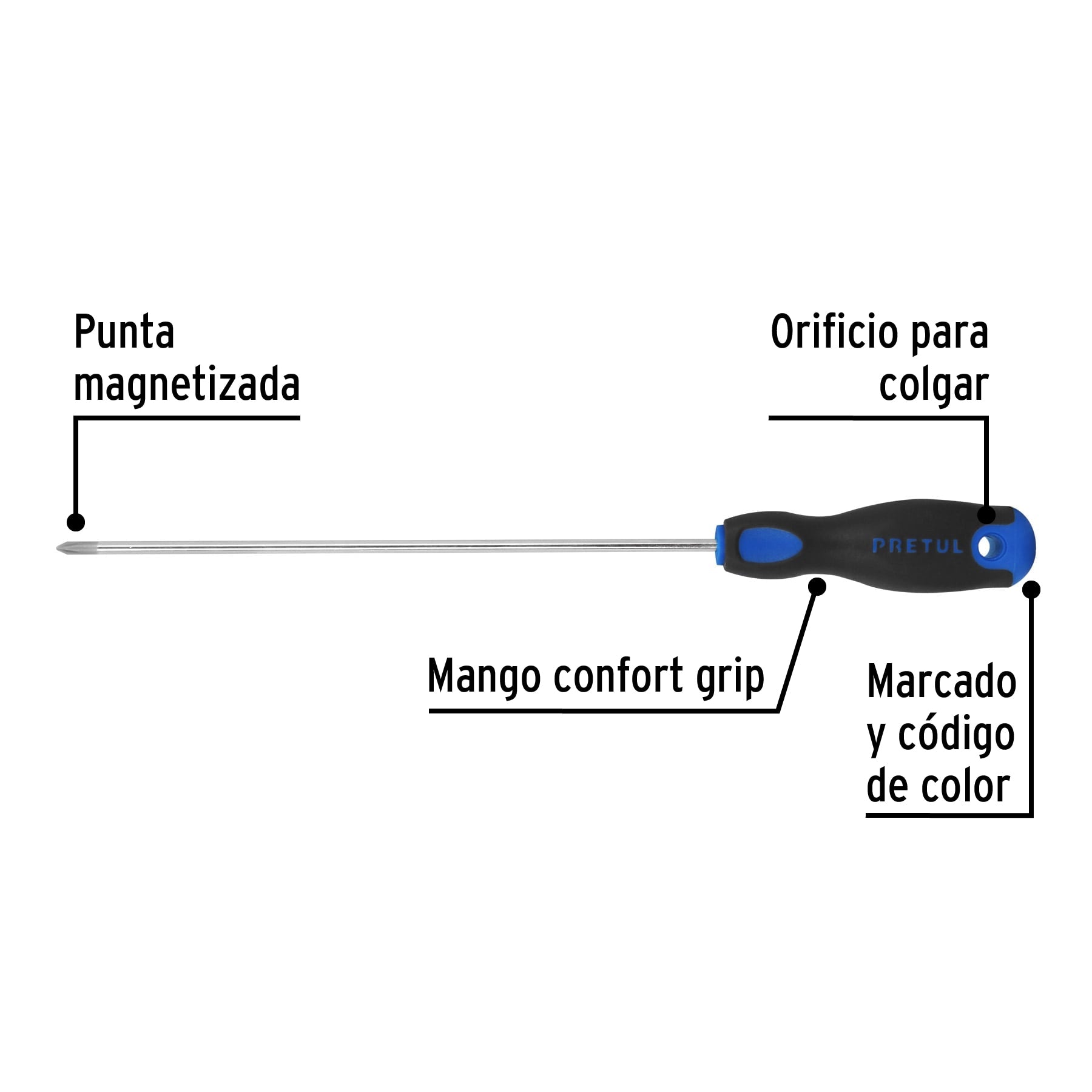 Desarmador de cruz 1/8" x 4" mango Comfort Grip, Pretul