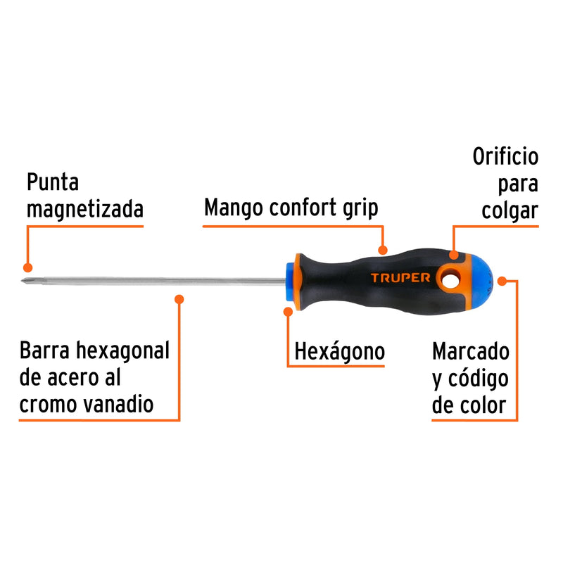 Desarmador de cruz 1/8" x 4" mango Comfort Grip,  Truper