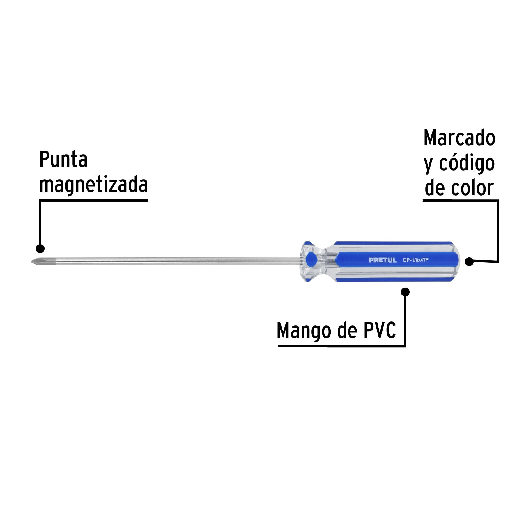 Desarmador de cruz 1/8" x 4" mango de PVC, Pretul