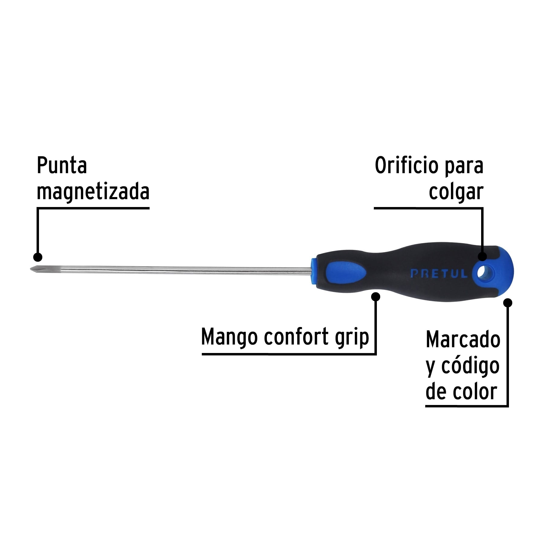 Desarmador de cruz 1/8" x 6" mango Comfort Grip, Pretul