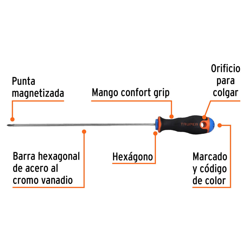 Desarmador de cruz 1/8" x 8" mango Comfort Grip,  Truper