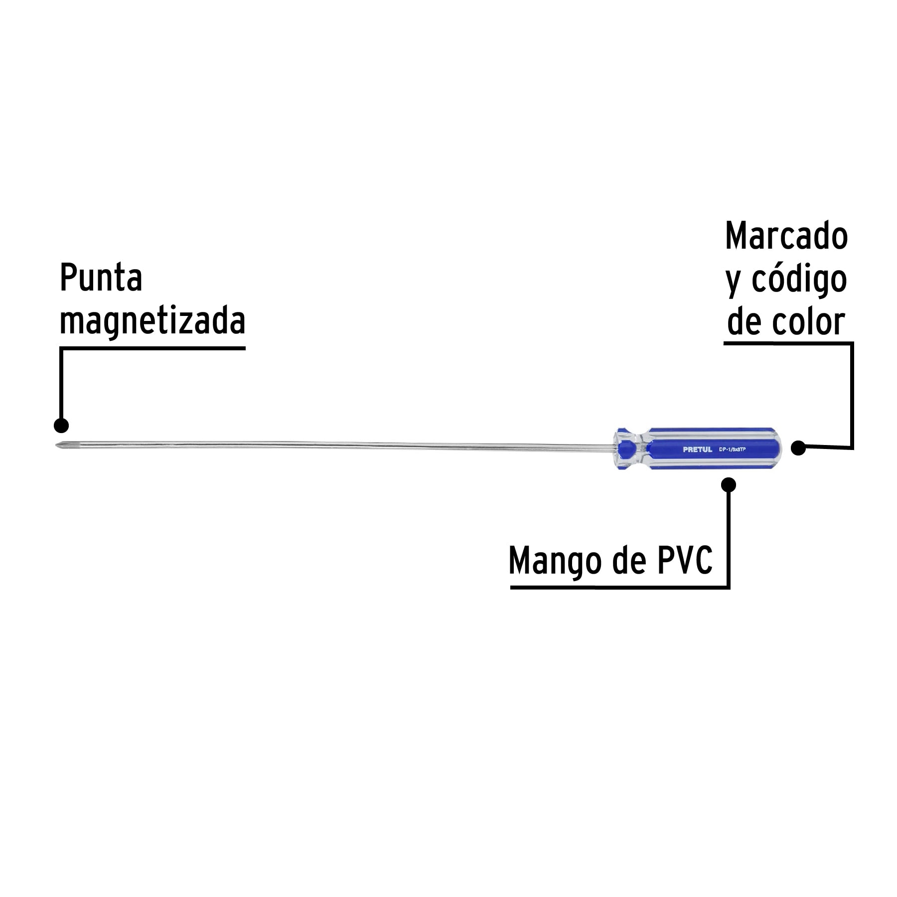 Desarmador de cruz 1/8" x 8" mango de PVC, Pretul