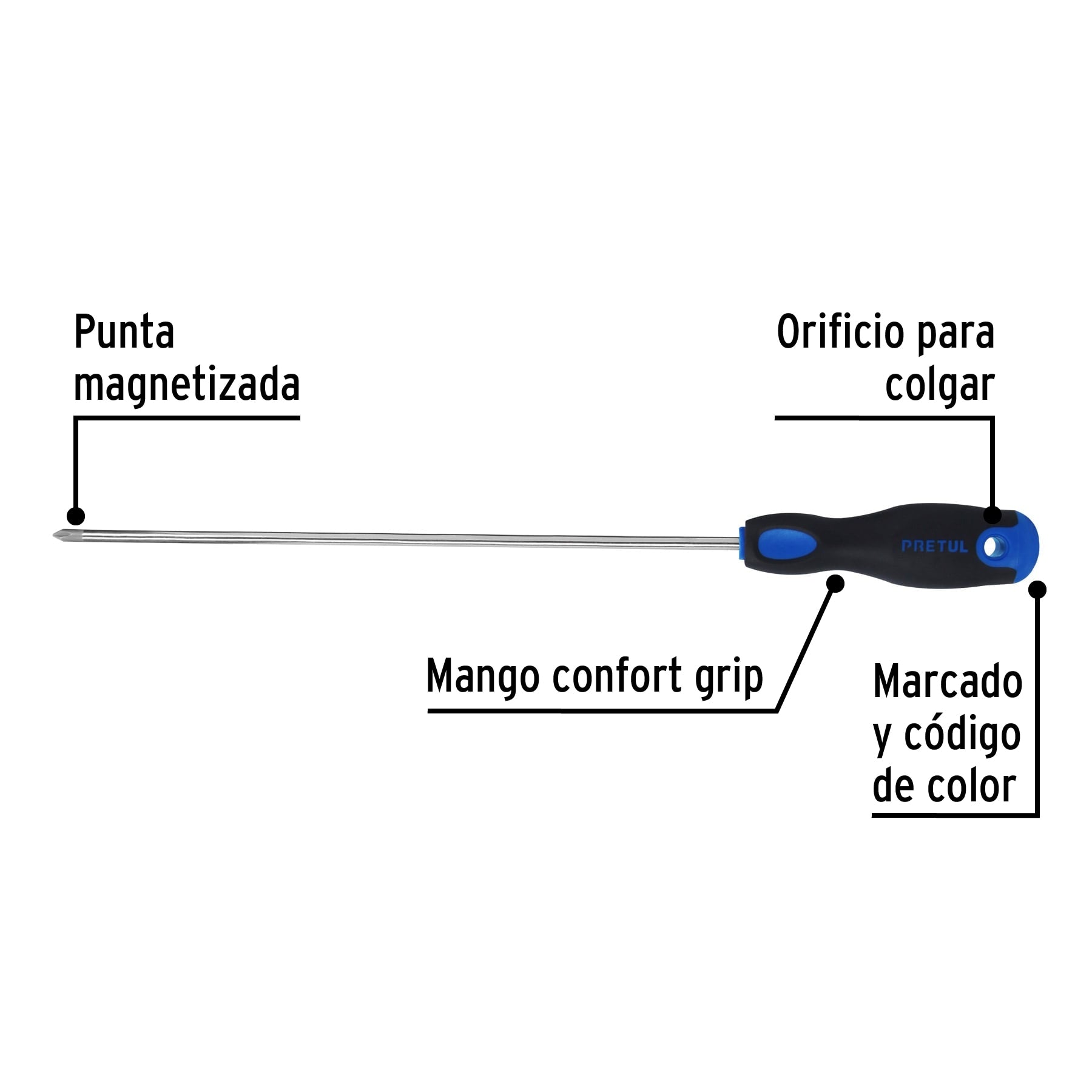 Desarmador de cruz 3/16" x 10" mango Comfort Grip, Pretul
