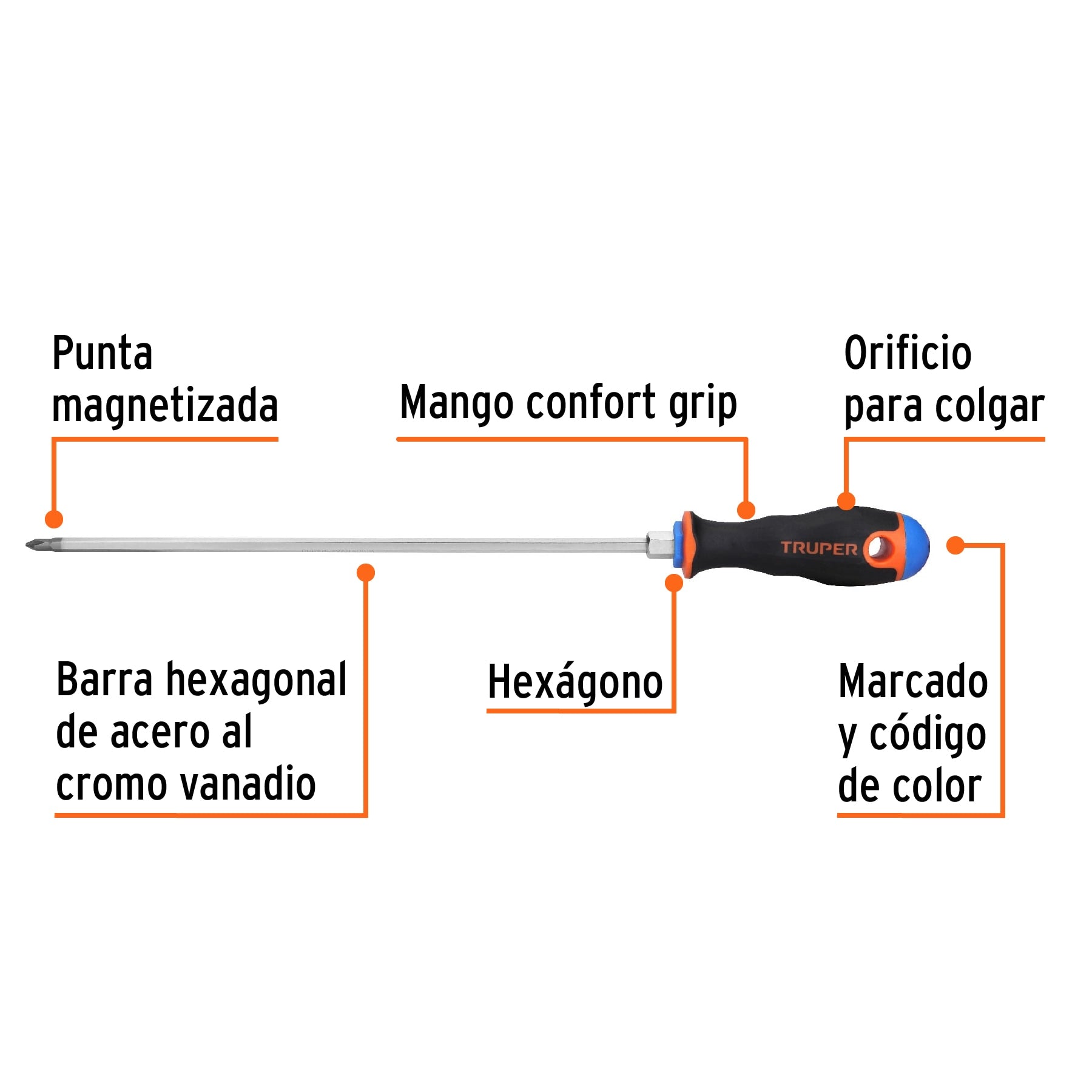 Desarmador de cruz 3/16" x 10" mango Comfort Grip, Truper