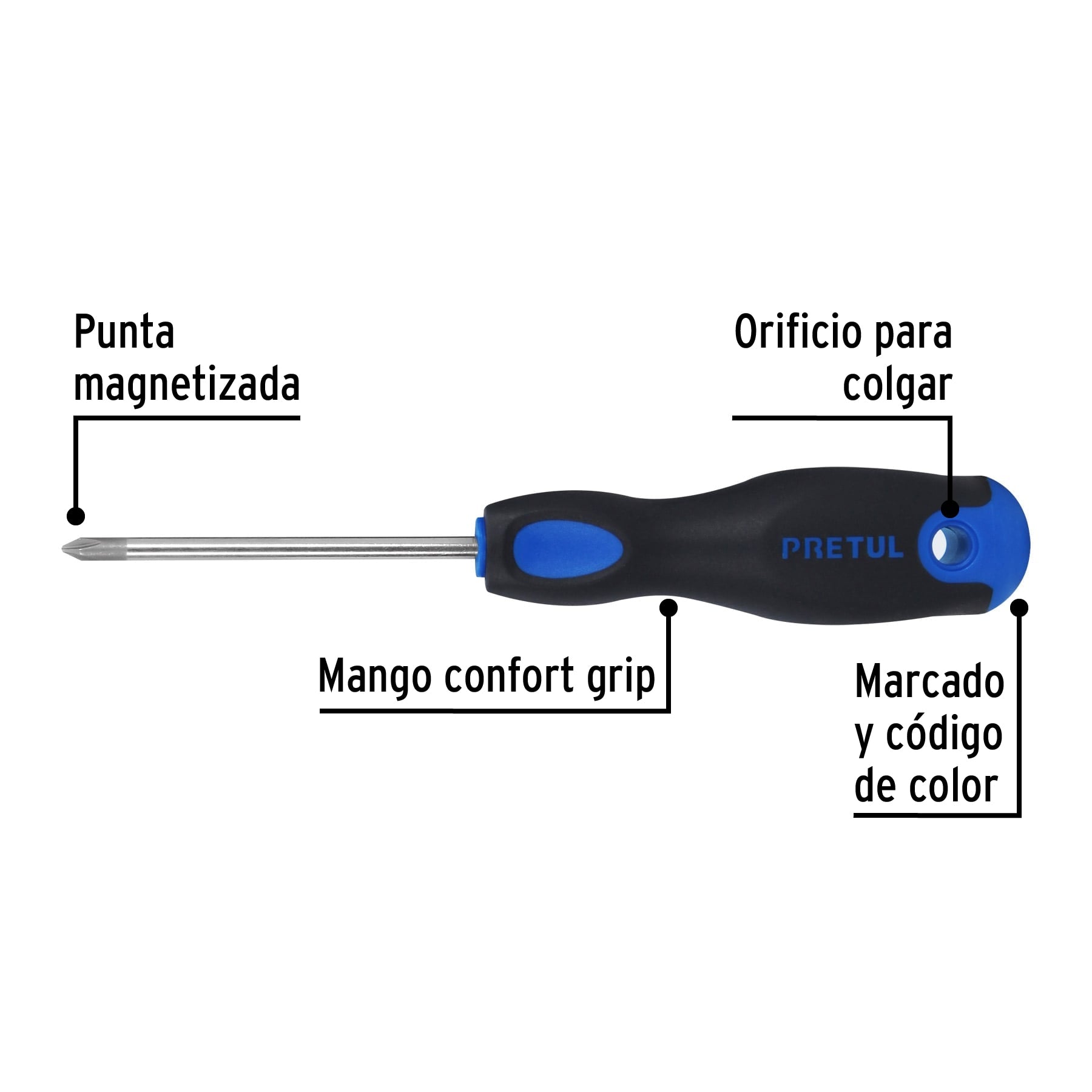 Desarmador de cruz 3/16" x 3" mango Comfort Grip, Pretul