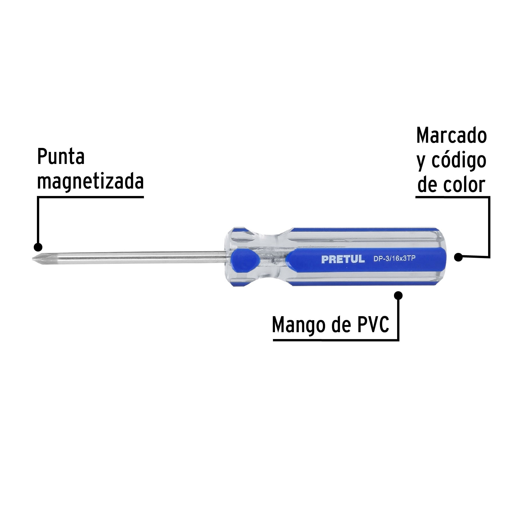 Desarmador de cruz 3/16 x 3" mango de PVC, Pretul