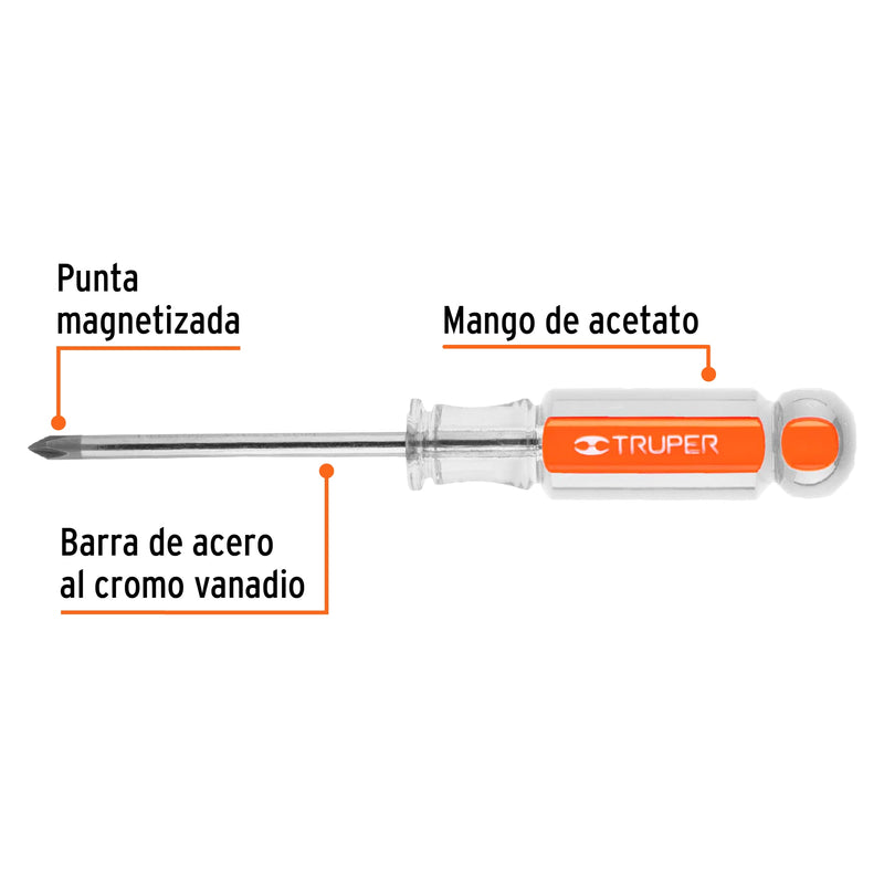 Desarmador de cruz 3/16" x 3" mango de acetato,  Truper